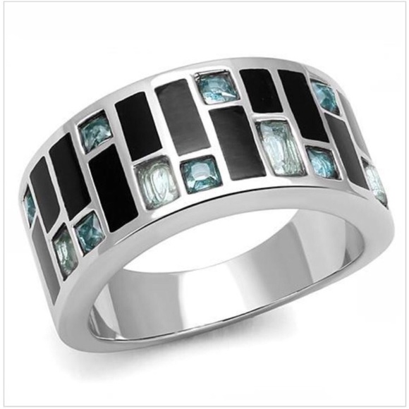STAINLESS STEEL Sea Blue CZ Art Deco Band Ring - Picture 13 of 16